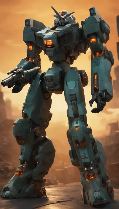 A power mecha with a sense of future military technology，Armed with a Gatling gun in his left hand，One on the left shoulder is equipped with a missile launcher，Equipped with a plasma cannon on the right shoulder，2 meters high，military，mirai，high - tech，mec...