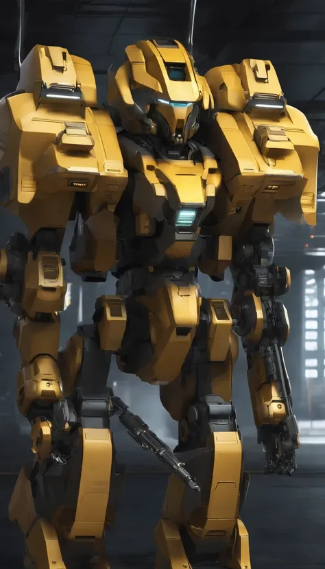 A power mecha with a sense of future military technology，Armed with a Gatling gun in his left hand，One on the left shoulder is equipped with a missile launcher，Equipped with a plasma cannon on the right shoulder，2 meters high，military，mirai，high - tech，mec...