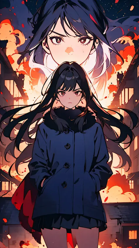 backfacing shot of a beautiful girl in a navy blue fur coat and miniskirt standing on top of a building and watching a city engulfed in crimson flames