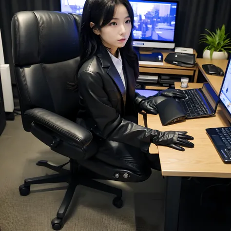 Wearing a black business pantsuit, Office in the Dark, facing a desk、While looking at the screen, tap the keys on the black laptop keyboard with the fingertips of the black leather gloves,Sitting on a large chair with a black leather backrest、 Black hair w...