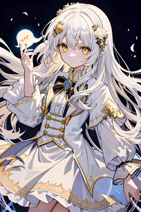 Long white slightly curly hair，Yellow eyes，glomy，Castle，rosette，white  skirt，Ghost, ghost, magic, delicate hair accessories