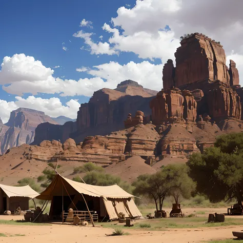 Old Apache Camp Scenery. Na luz do dia, 7 ou mais ocas espalhadas aleatoriamente em uma grande tribo. Com imagem distante. Paisagem bonita, surreal.