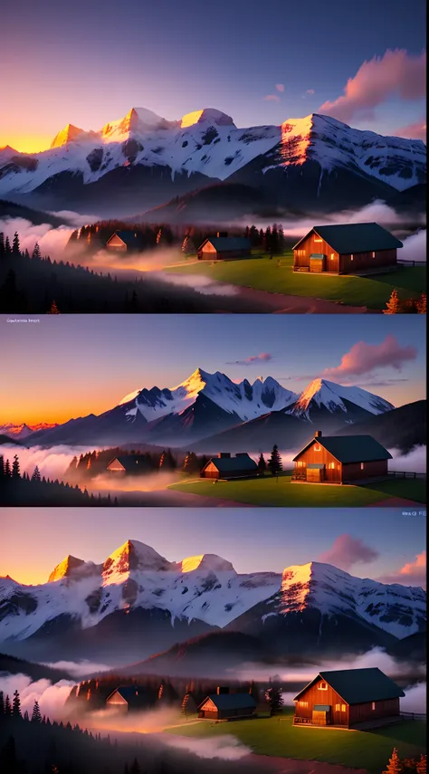 Cabins at sunset and misty peaks behind them