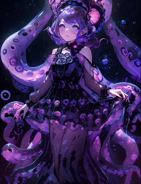 a girl wearing a jellyfish dress. a black jellyfish and a purple glow. black tentacles lined with purple luminescent bodies. dee...