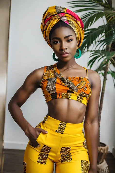 8k, highest quality, ultra details, Nigerian, young girl, Afrocentric fashion, bold print top, high-waisted pants, colorful headwrap, posing for a photoshoot.