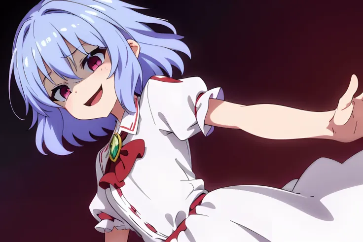 Anime style、Best Quality, 1girl in, Solo, （Remilia Scarlett staring at the camera）、From upper body up、美丽的面容、Bewitching smile、Laugh、((Short sleeves))、Petite、childish、White dress style shirt、is standing、Open mouth