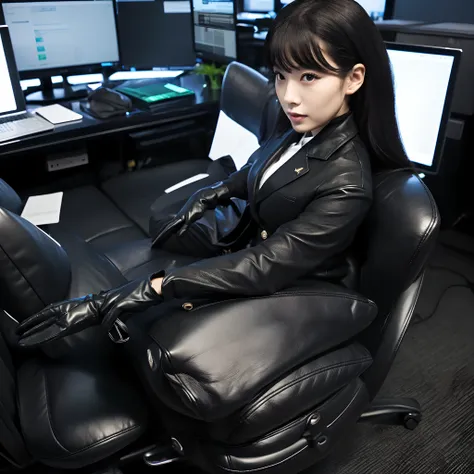 Wearing a black business pantsuit, Office in the Dark, facing a desk、While looking at the screen, tap the keys on the black laptop keyboard with the fingertips of the black leather gloves,Sitting on a large chair with a black leather backrest、 Black hair w...