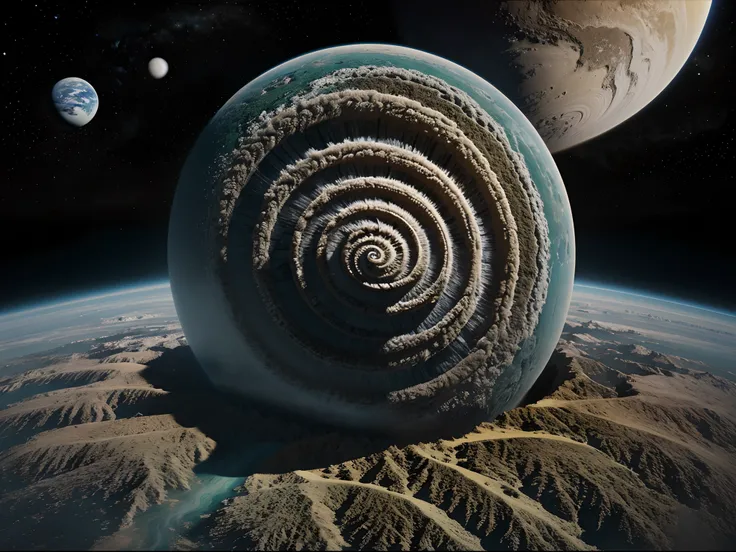 a planet but all the continental mass is merged in a perfect spiral around the world, animation style, continuous spiral