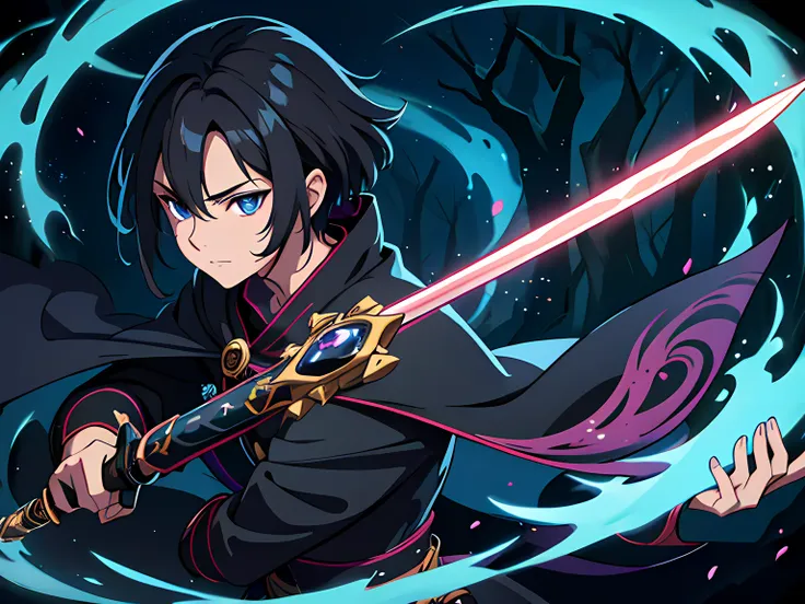 1 man, mage swordsman, beautiful eyes finely detailed, short black hair, wearing aristocrat style outfit, casting a strong spell...