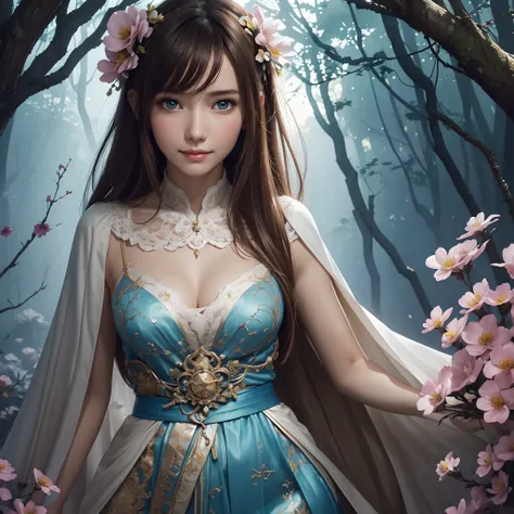 hightquality、8K、Ulutra HD、fullllbody、1 16-year-old female、Gentle smile、An embarrassed expression with a slight blush on her cheeks、beauty legs、robe blanche、light brown hair、Blue eyes、(The background is a lovely healing forest and wildflowers々)、Soft light、c...