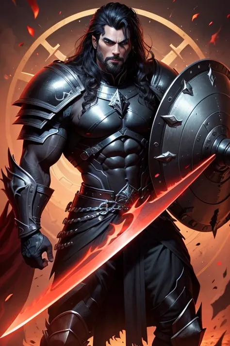 A swarthy, muscular male evil lord，cabelos preto e longos，Wearing black and red armor，Armed with a large shield and sword，Lead an army of demons，full-body portraits，k hd，Lots of details