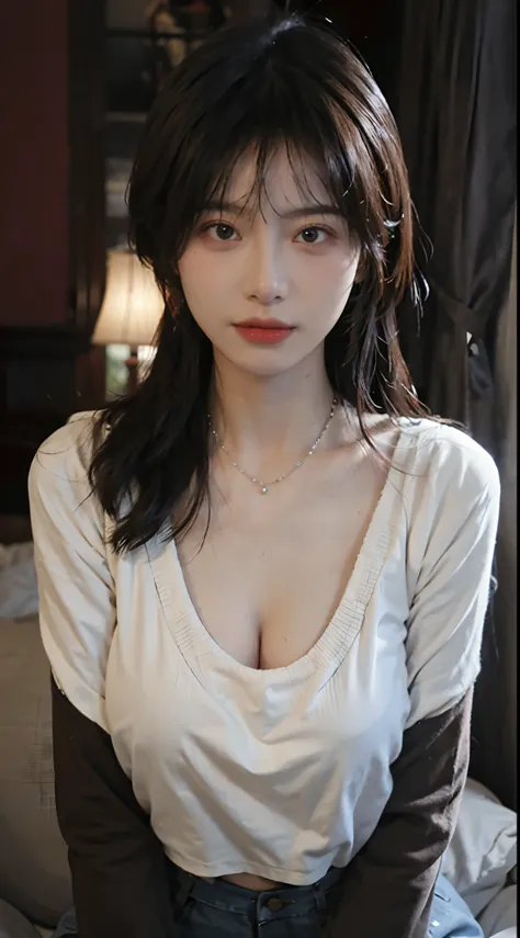 best qualtiy， 超高分辨率， （realisticlying：1.4），Baoyu Girl，1girll, with long coiled hair，Looking into the distance，gigantic cleavage breasts，Cropped red sweater，a sense of atmosphere，Beautiful woman with a slim figure:1.4, Abs:1.4,,Ultra-fine face，Elaborate Eyes...