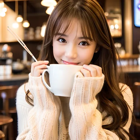 cute girl, brown hair, brown eyes, white sweater, cafe,have Pocky