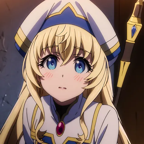 masuter piece, best quality, 超a high resolution, top-quality, anime style, beautiful face, goblin slayer, priestess, white and b...