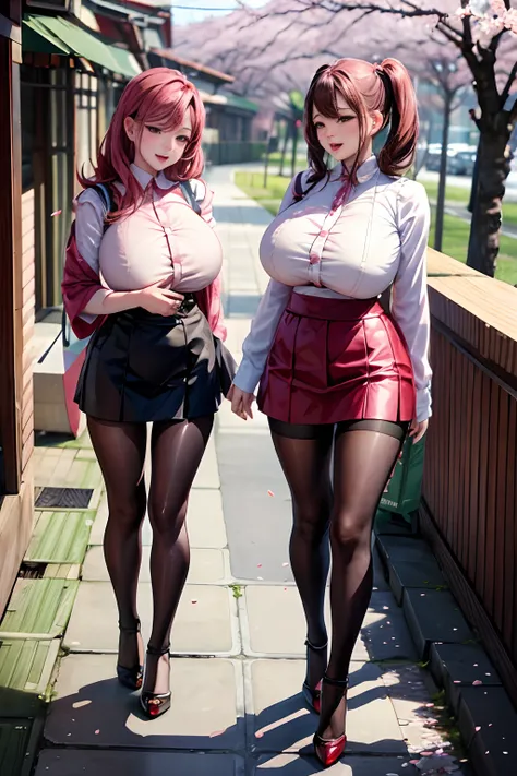 (Cherry blossom:1.2) And Street, 2 busty women on the street, looking at the cherry blossoms, full body shot,  giga_busty