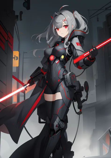 greyt hair, side swept bangs, （（hair covering one eye））,There is a red antenna decoration on the head, x-shaped pupils, Red eyes,（ Mechanical prosthetics）, There is a red reactor in the middle of the chest, （Dark blue body）, holding a red lightsaber,Stand ...