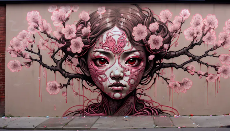 Hyperdetailed fuzzy-logic street art by (swoon : nychos: .5) entitled ("Cherry Blossom Street"), (koan), matte, understated, (meditative: 1.2), (harmonic), cerebral, (interconnected), (introspective), psyche, balanced and reciprocal, recursive, super-symme...