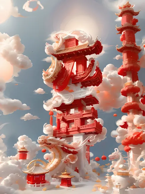 diorama，Chinese Garden，chinesedragon，Red lanterns，Chinese knot，Lunar New Year，UE5，Milky white background