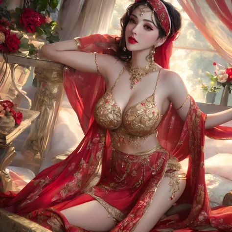 (best quality,4k,8k,highres,masterpiece:1.2),ultra-detailed,(realistic,photorealistic,photo-realistic:1.37),full body view,red lipstick,head scarf,sexy pose,arms in the air,beautiful detailed eyes,beautiful detailed lips,long eyelashes,confident expression...