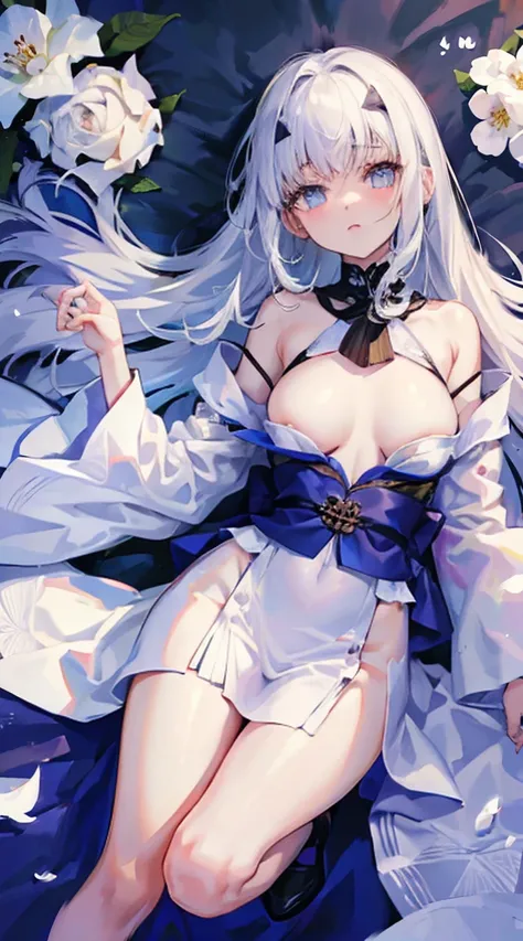 White-haired woman,Beautiful purple eyes,White silk kimono,Beautiful dress, There are white flowers around......, It covers all vital organs except the face........................., Wear a knee-length white dress..........................,The arm does not...