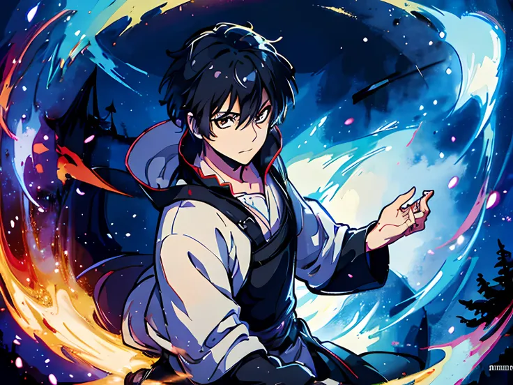 1 man, mage swordsman, beautiful eyes finely detailed, short black hair, wearing aristocrat style outfit, casting a strong spell...