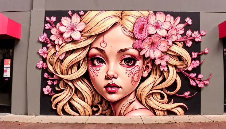 hyperdetailed fuzzy-logic street art by (swoon : nychos: .5) entitled ("cherry blossom blonde"), night queen, (koan), matte, und...