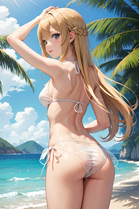 (Masterpiece, best quality, illustration), digital art, Asuna (SAO), in white bikini, ((see-through bikini)), (visible ass), back view, (soaked panty), (perfect round ass), slightly atheletic back, slim body, long blonde hair, blushing face, looking back, ...