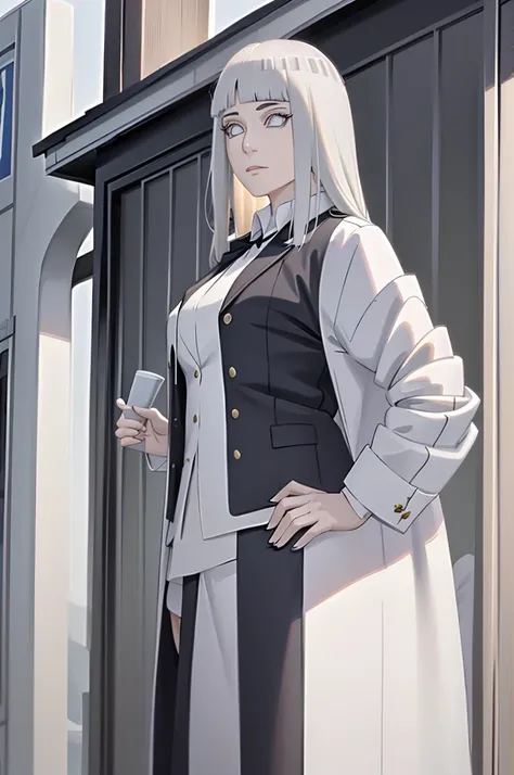 "An impeccable masterpiece featuring a mature female with long hair, white hair exuding authority in a sleek business suit, showcasing a tomboyish charm, jitome, a detail face, and piercing sharp eyes."