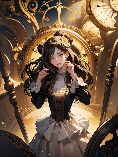 Clock, mechanical clock, clock, girl standing in front of the floor clock, retro, indoor, artistic, mysterious, jet black hair, long eyelashes, solid round eyes, feathered fangs, light brown hair, double hair bun, halo mirror, hair ribbon, hair flower, hai...