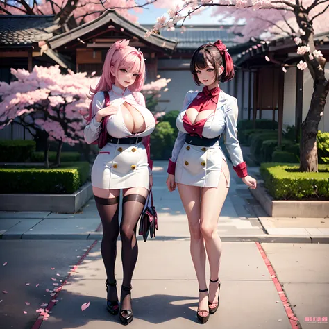 (Cherry blossom:1.2) And Street, 2 busty women on the street, looking at the cherry blossoms, full body shot,  giga_busty