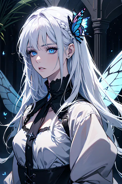 (absurdres, highres, ultra detailed), 1 woman, adult, beautiful, white girl, fairy, pointy ears, long white hair, cristal blue eyes, dark makeup, finely detailed eyes and detailed face, fantasy, night, dark theme, cinematic lighting, colorful, flying petal...