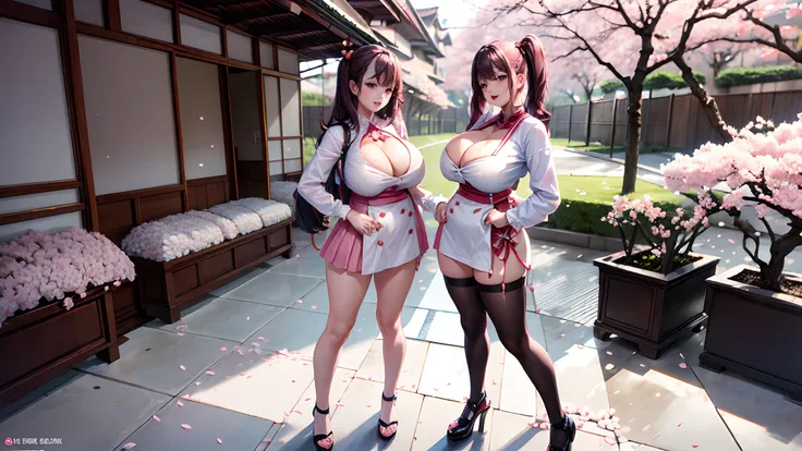 (Cherry blossom:1.2) And Street, 2 busty women on the street, looking at the cherry blossoms, full body shot,  giga_busty