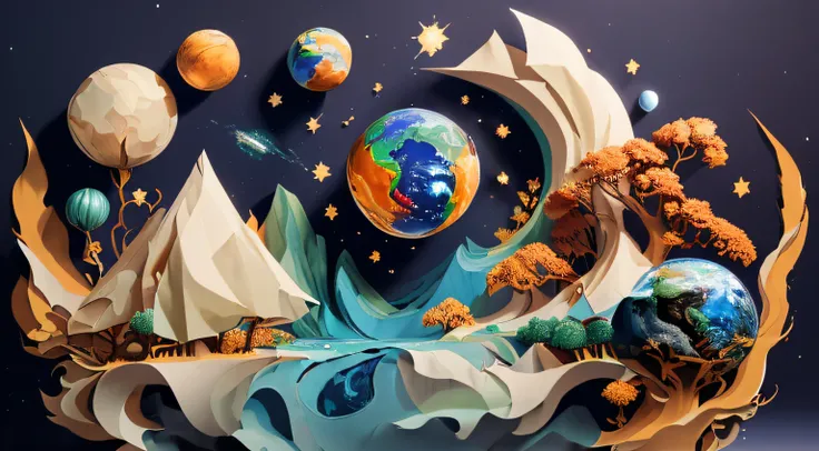 (((Masterpiece))),Best quality, illustration, earth, water ,Fire, Wind , space , Paper_cut,