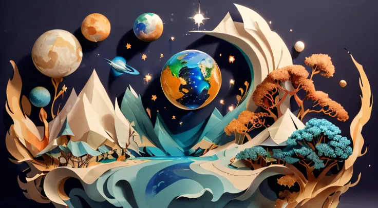 (((Masterpiece))),Best quality, illustration, earth, water ,Fire, Wind , space , Paper_cut,