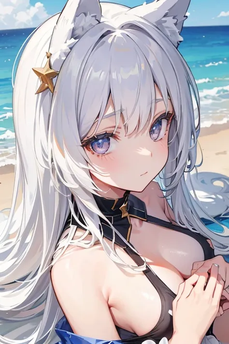 Highly detailed, 8K, Masterpiece, 1girll, long  white hair，Silver eyes,Wolf ears， in a bathing suit ,laying on a beach , (Perfect_face), rays of sunshine, 4K,Portrait