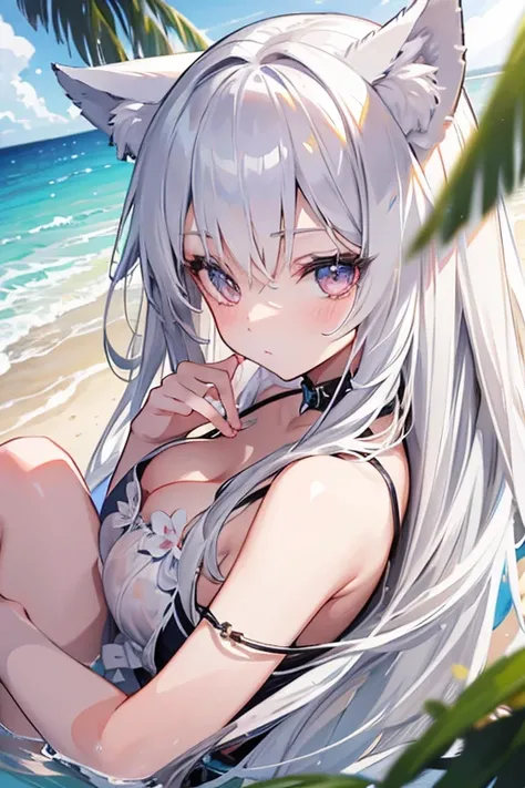 Highly detailed, 8K, Masterpiece, 1girll, long  white hair，Silver eyes,Wolf ears， in a bathing suit ,laying on a beach , (Perfect_face), rays of sunshine, 4K,Portrait