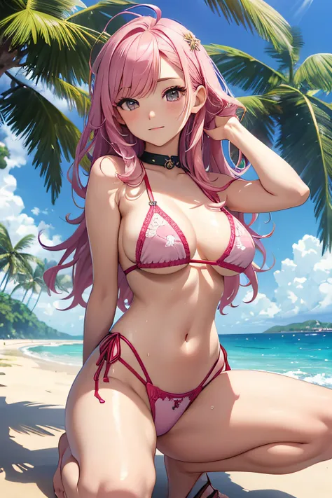 ​masterpiece、Background with（（sea side、sand beach））、15yo student、a beauty girl、Pink hair、huge tit、Detailed embroidery on the bikini、 Get on your knees、Open your crotch、sexypose、perspiring、Hair wetness