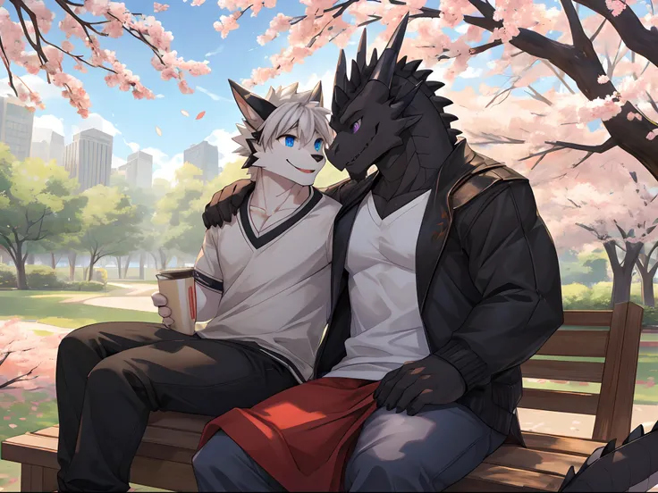 (Best Quality), Duo, 1Male, (Furry Gray Dragon), Blue Eyes, White Medium Hair, Casual Clothes Set, Strong Fit Body, Good Looking, 1Male, (Furry Black Dragon), Purple Eyes, Black Medium Hair, Black Facial Hair, Casual Clothes Set, Good Looking, Strong Fit B...