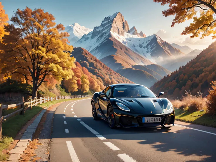 超A high resolution、An ultra-high picture quality、8K、Detailed details、marvelous expression、Late autumn valley、Beautiful autumn leaves、A blue sports car running vividly on a mountain road built along the mountain、Lotus Emira