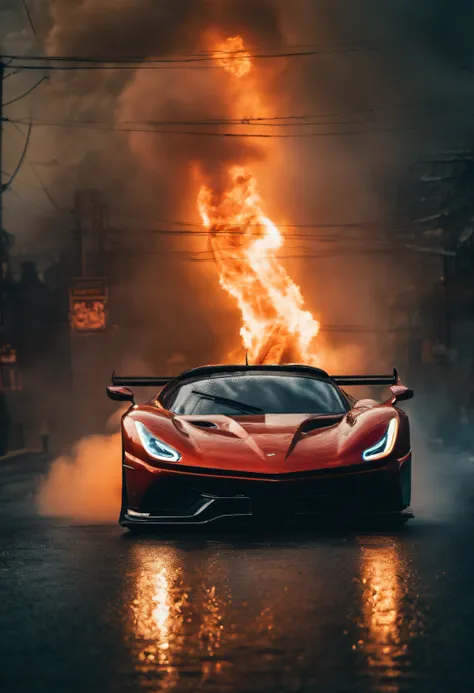 super car, hyper car, futuristic beast sports car driving through smoke and fire, dark movie, moody tones, cinematic, rain, street