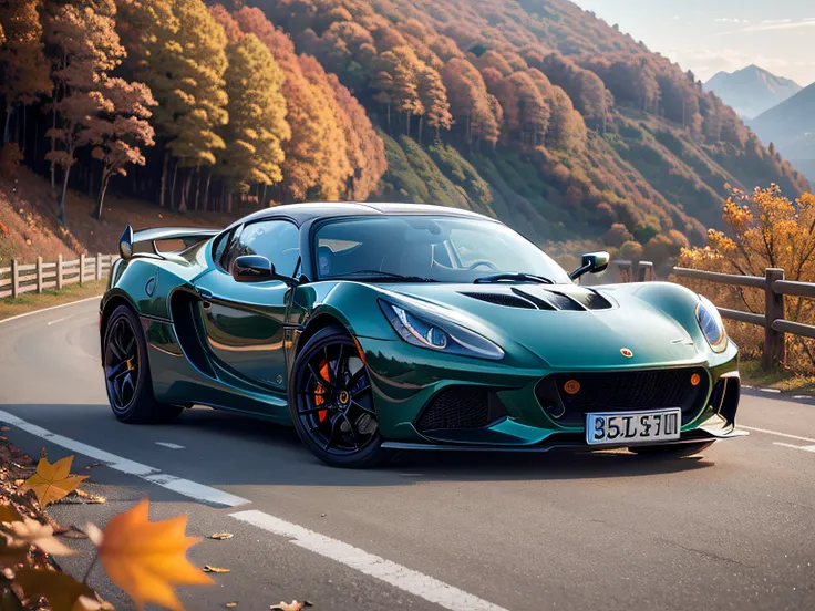 超A high resolution、An ultra-high picture quality、8K、Detailed details、marvelous expression、Late autumn valley、Beautiful autumn leaves、A blue sports car running vividly on a mountain road built along the mountain、Lotus elise