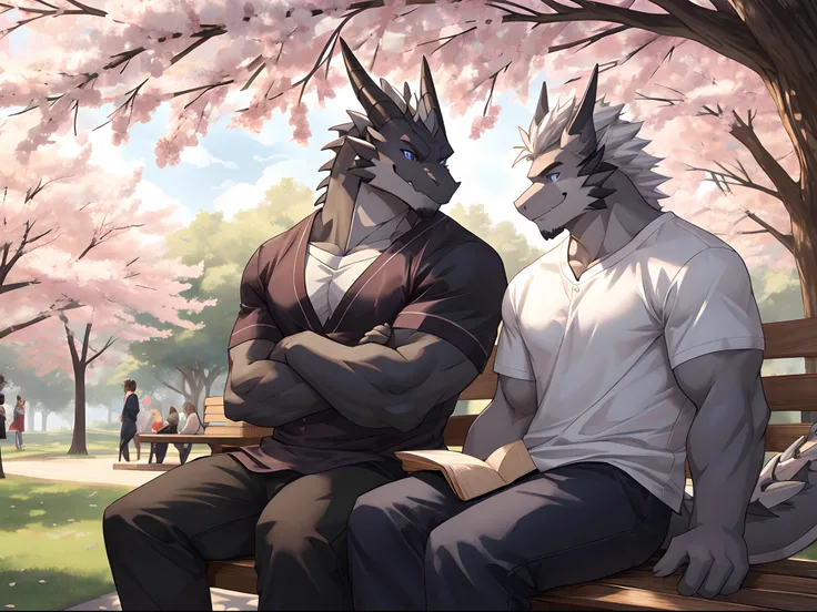 (Best Quality), Duo, 1Male, (Furry Gray Dragon), Blue Eyes, White Medium Hair, Casual Clothes Set, Strong Fit Body, Good Looking, 1Male, (Furry Black Dragon), Purple Eyes, Gray Medium Hair, Gray Facial Hair, Casual Clothes Set, Good Looking, Strong Fit Bod...