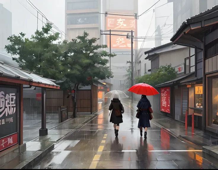 People walk on the streets in the rain, Cinematic, Cinematography concept art, Rainy days. game render, Film digital painting, tokyo anime anime scene, A group of feudal Japanese samurai, street samurai,,preparing to fight，Katana feudal Japanese environmen...