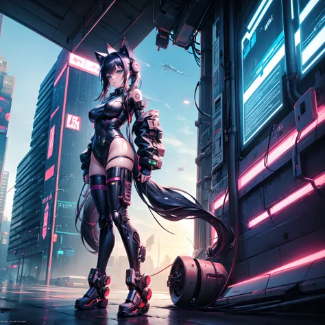 Anime girl in futuristic costume with cat ears and headphones, Cute cyborg girl, Digital Cyberpunk Anime Art, Cyberpunk anime girl mecha, female cyberpunk anime girl, Cyberpunk Anime Girl, beautiful girl cyborg, perfect android girl, anime cyberpunk art, p...