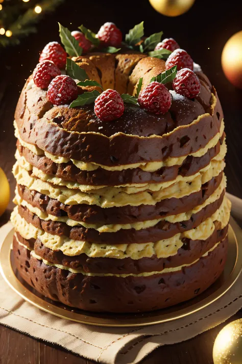 Panettone de Natal, em cima da mesa natalina, (UHD), (8k), (Ultra Realista), (Cores Vivas)