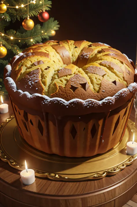 Panettone de Natal, em cima da mesa natalina, (UHD), (8k), (Ultra realista), (cores vivas), (3D), (Entire scenery photo)