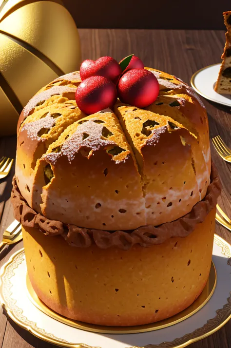 Panettone de Natal, em cima da mesa natalina, (UHD), (8k), (Ultra realista), (cores vivas), (..3d)