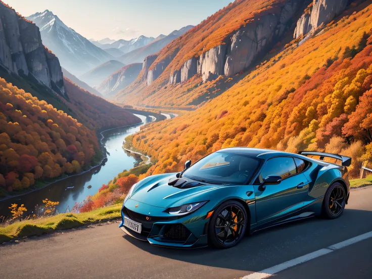 超A high resolution、An ultra-high picture quality、8K、Detailed details、marvelous expression、Late autumn valley、Beautiful autumn leaves、A blue sports car running vividly on a mountain road built along the mountain、Lotus Eletre