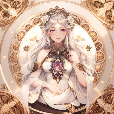 a drawing of a woman with long hair and a flower in her hair, Goddess. Extremely high detail, Refined art,Lotus Princess, (Best quality,8K,Extreme detail,Photorealistic:1.2),Delicate lilac branches,Translucent,Divine light,Spectacular spectrum,Glowing peta...