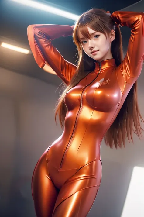 girl,ass,blue eyes,bodysuit,breasts,brown hair,full body,hand on own hip,index finger raised,long hair,looking at viewer,medium breasts,open mouth,plugsuit,pointing,red bodysuit,shiny clothes,simple background,skin tight,smile,transparent background,tsunde...